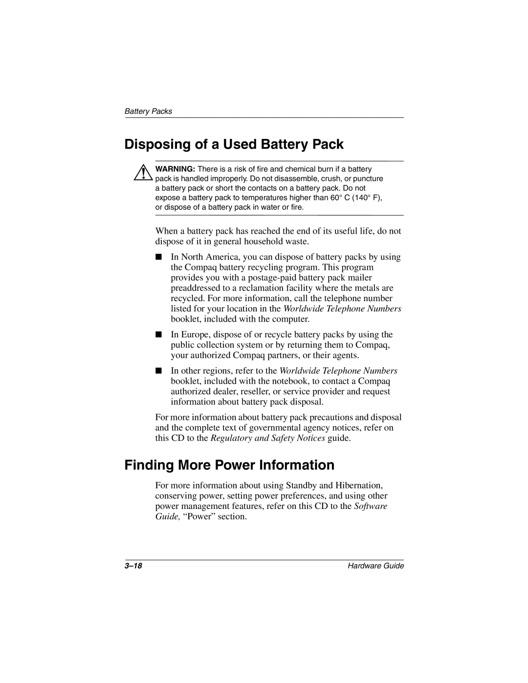 HP 2800AP, 2899AP, 2897AP, 2896AP, 2898AP, 2895AP, 2892AP manual Disposing of a Used Battery Pack, Finding More Power Information 