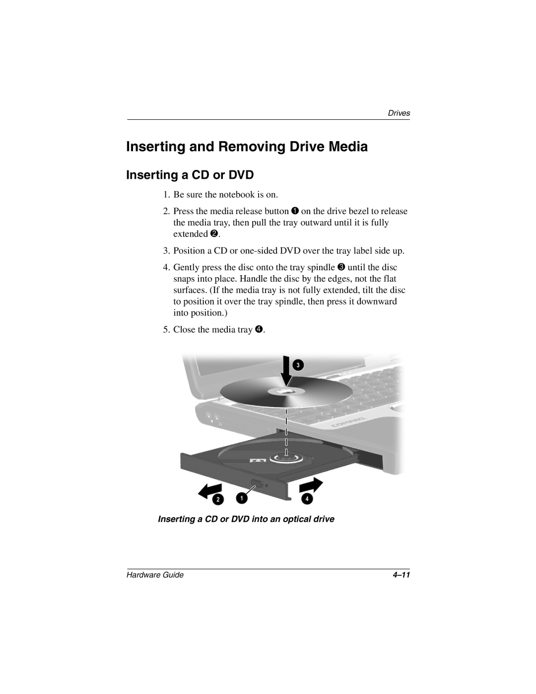 HP 2801TC, 2899AP, 2897AP, 2896AP, 2898AP, 2895AP, 2892AP, 2893AP manual Inserting and Removing Drive Media, Inserting a CD or DVD 