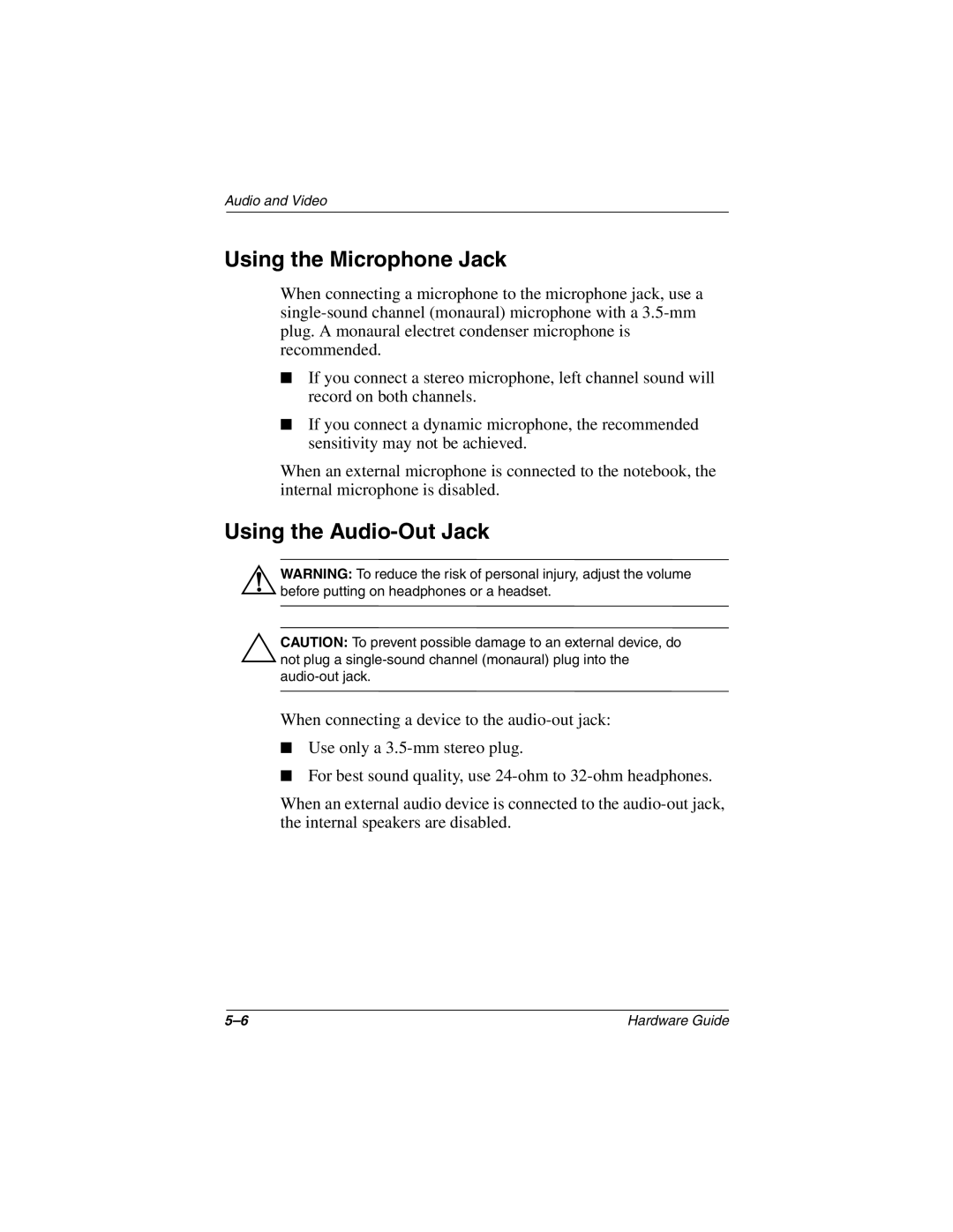 HP 2823TC, 2899AP, 2897AP, 2896AP, 2898AP, 2895AP, 2892AP, 2893AP, 2891AP Using the Microphone Jack, Using the Audio-Out Jack 