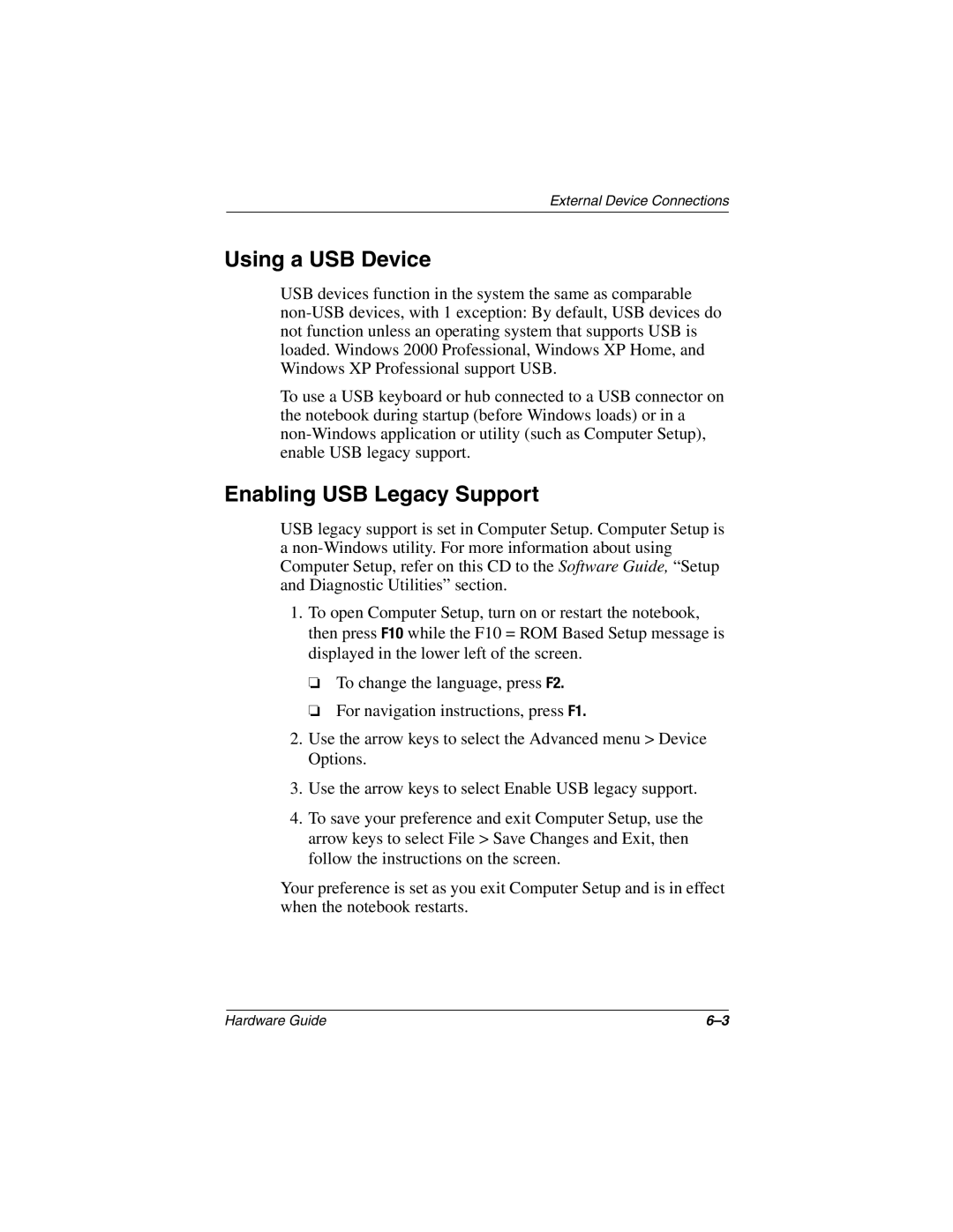 HP 2821AP, 2899AP, 2897AP, 2896AP, 2898AP, 2895AP, 2892AP, 2893AP, 2891AP, 2890AP Using a USB Device, Enabling USB Legacy Support 