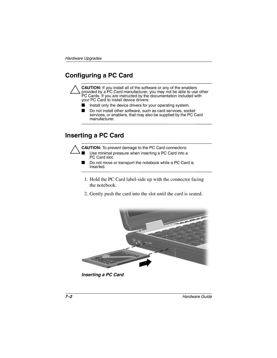 HP 2820SC, 2899AP, 2897AP, 2896AP, 2898AP, 2895AP, 2892AP, 2893AP, 2891AP, 2890AP manual Configuring a PC Card, Inserting a PC Card 