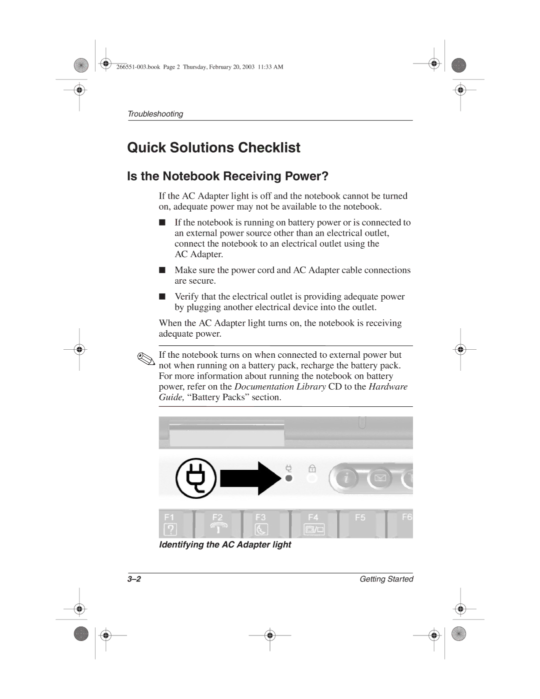 HP 2838AP, 2899AP, 2897AP, 2898AP, 2895AP, 2892AP, 2893AP, 2891AP Quick Solutions Checklist, Is the Notebook Receiving Power? 