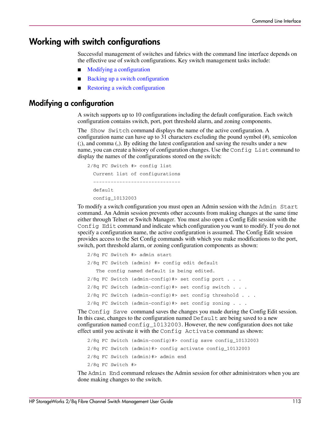 HP 2/8q Fibre Channel manual Working with switch configurations, Modifying a configuration 