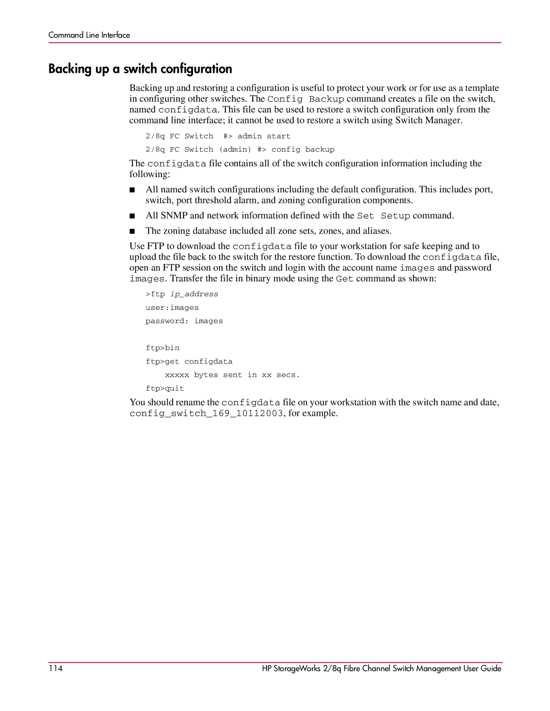 HP 2/8q Fibre Channel manual Backing up a switch configuration 