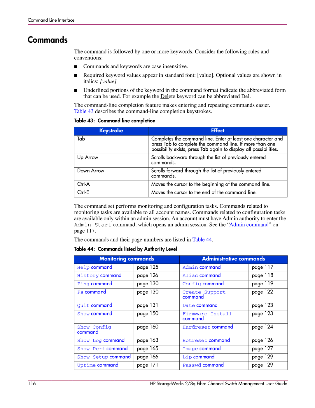 HP 2/8q Fibre Channel manual Keystroke Effect, Monitoring commands Administrative commands 