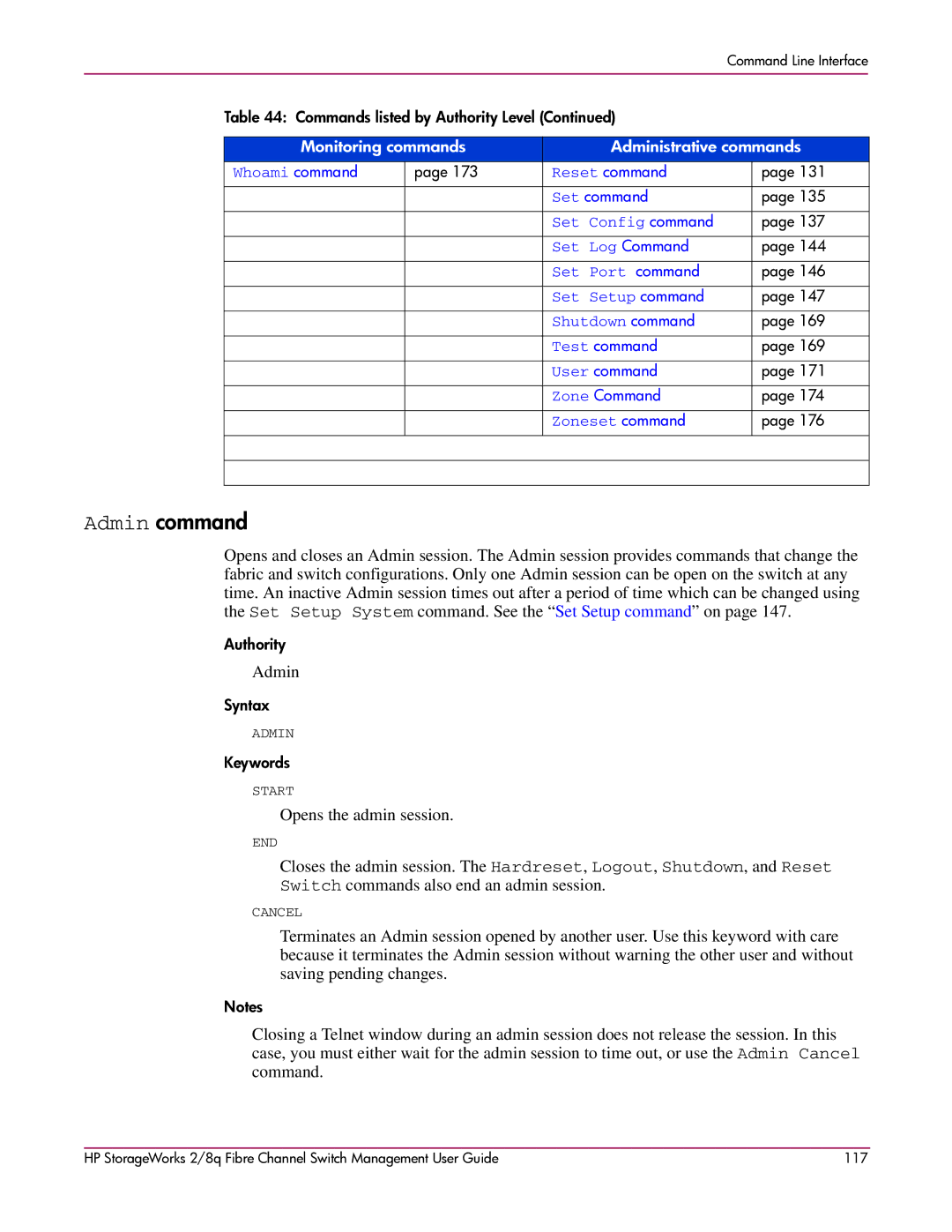 HP 2/8q Fibre Channel manual Admin command, Opens the admin session 