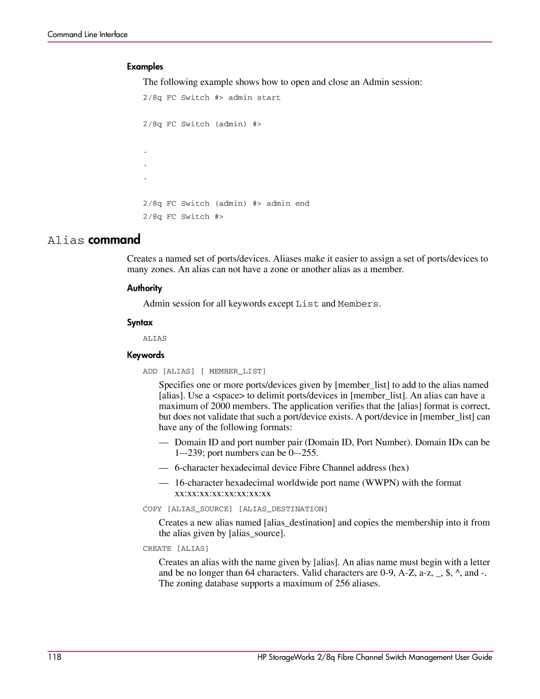 HP 2/8q Fibre Channel manual Alias command, Admin session for all keywords except List and Members 