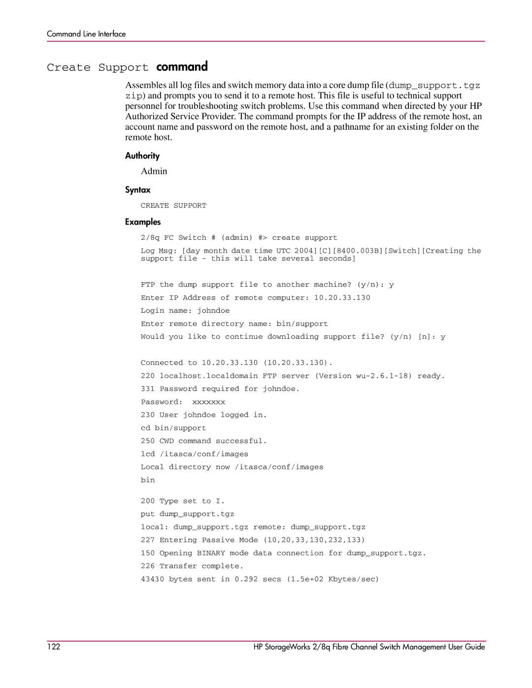 HP 2/8q Fibre Channel manual Create Support command, Admin 