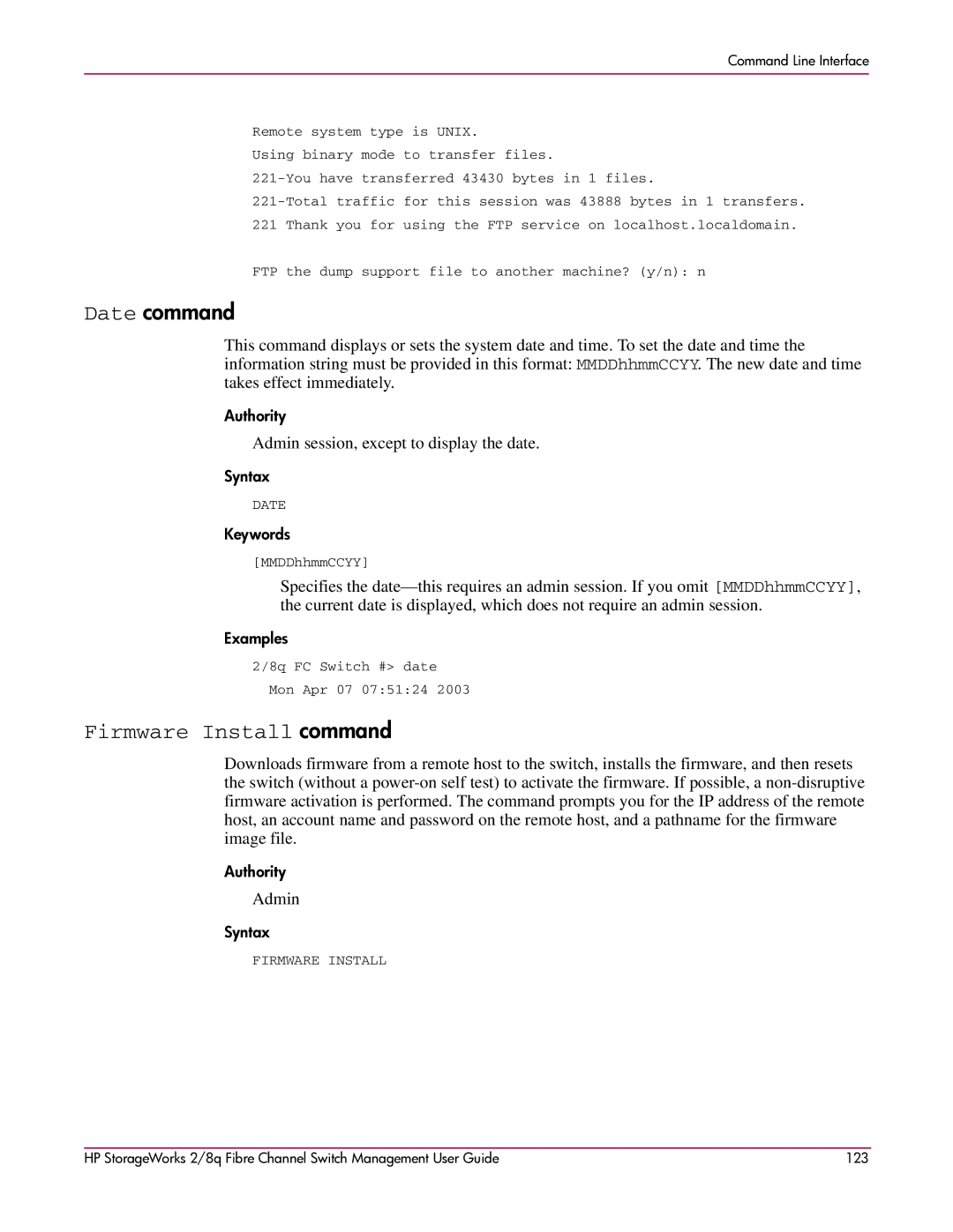 HP 2/8q Fibre Channel manual Date command, Firmware Install command, Admin session, except to display the date 