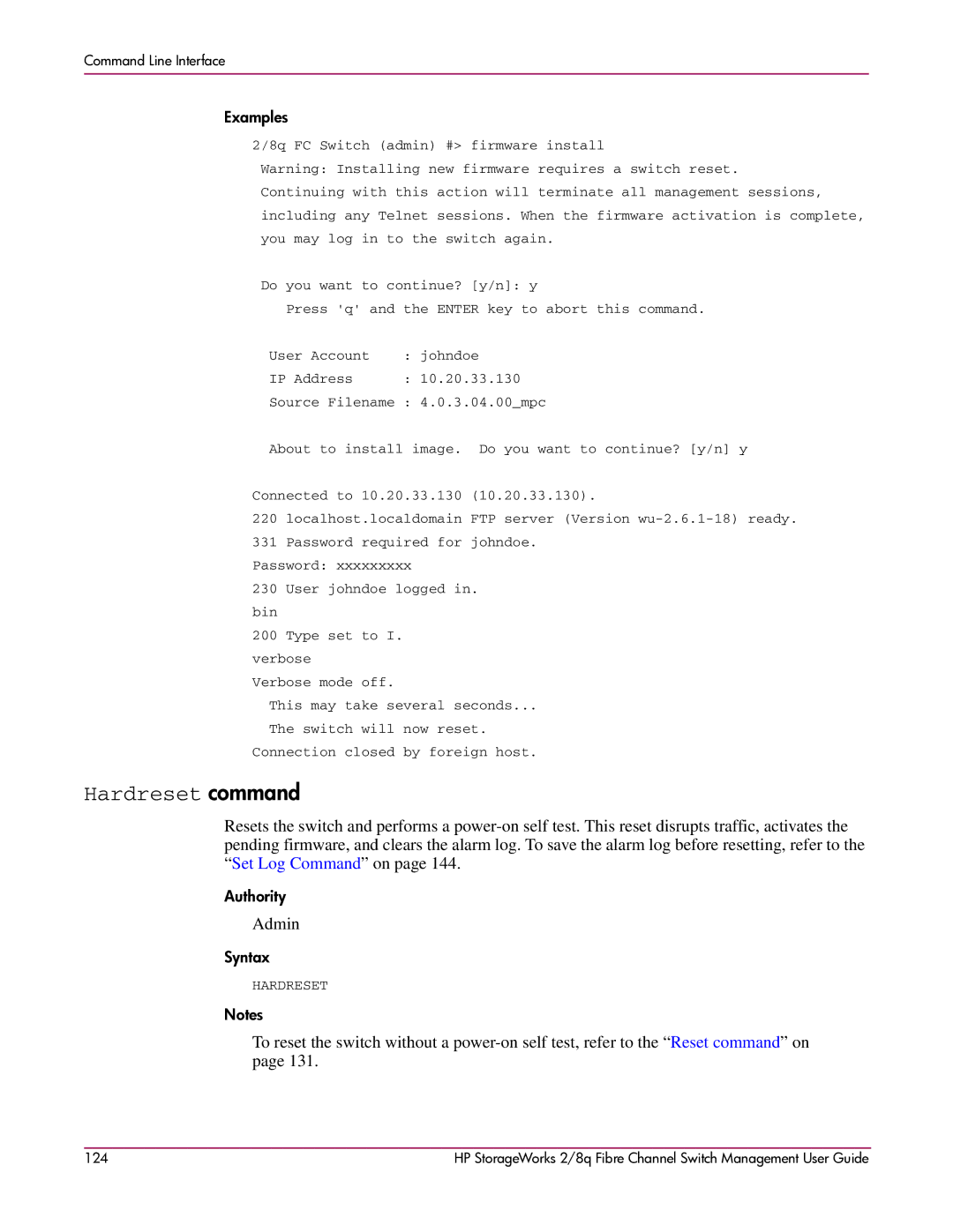 HP 2/8q Fibre Channel manual Hardreset command 