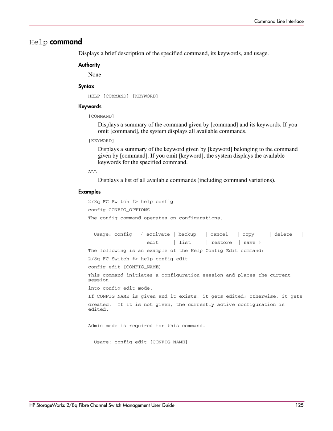 HP 2/8q Fibre Channel manual Help command, None 