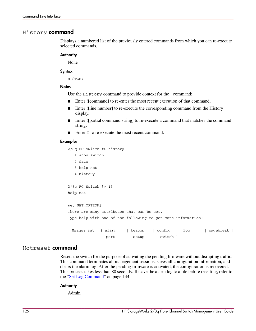 HP 2/8q Fibre Channel manual History command, Hotreset command 