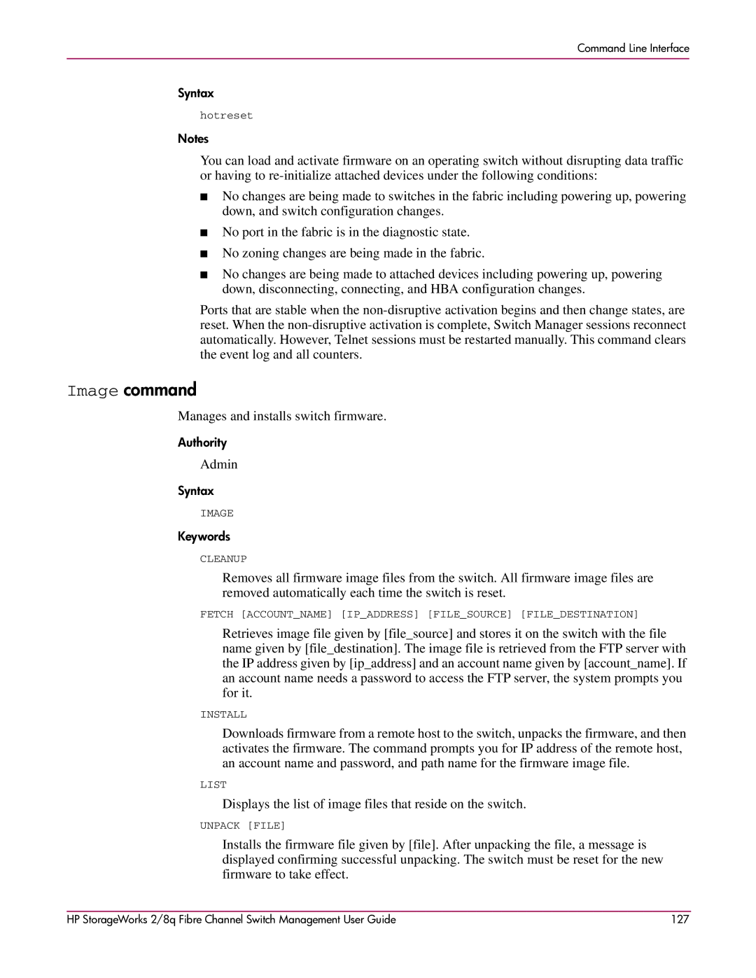 HP 2/8q Fibre Channel manual Image command, Manages and installs switch firmware 