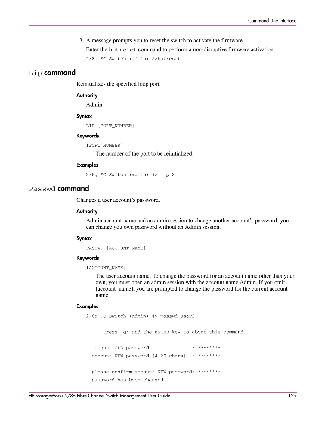 HP 2/8q Fibre Channel manual Lip command, Passwd command, Reinitializes the specified loop port 