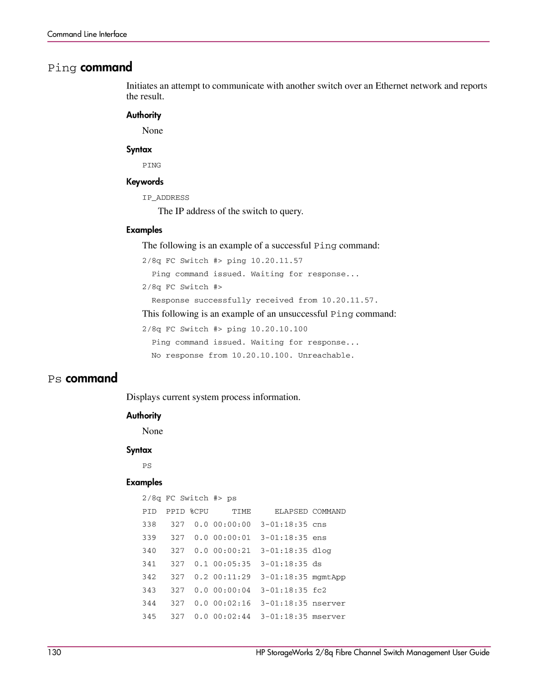 HP 2/8q Fibre Channel manual Ping command, Ps command, IP address of the switch to query 