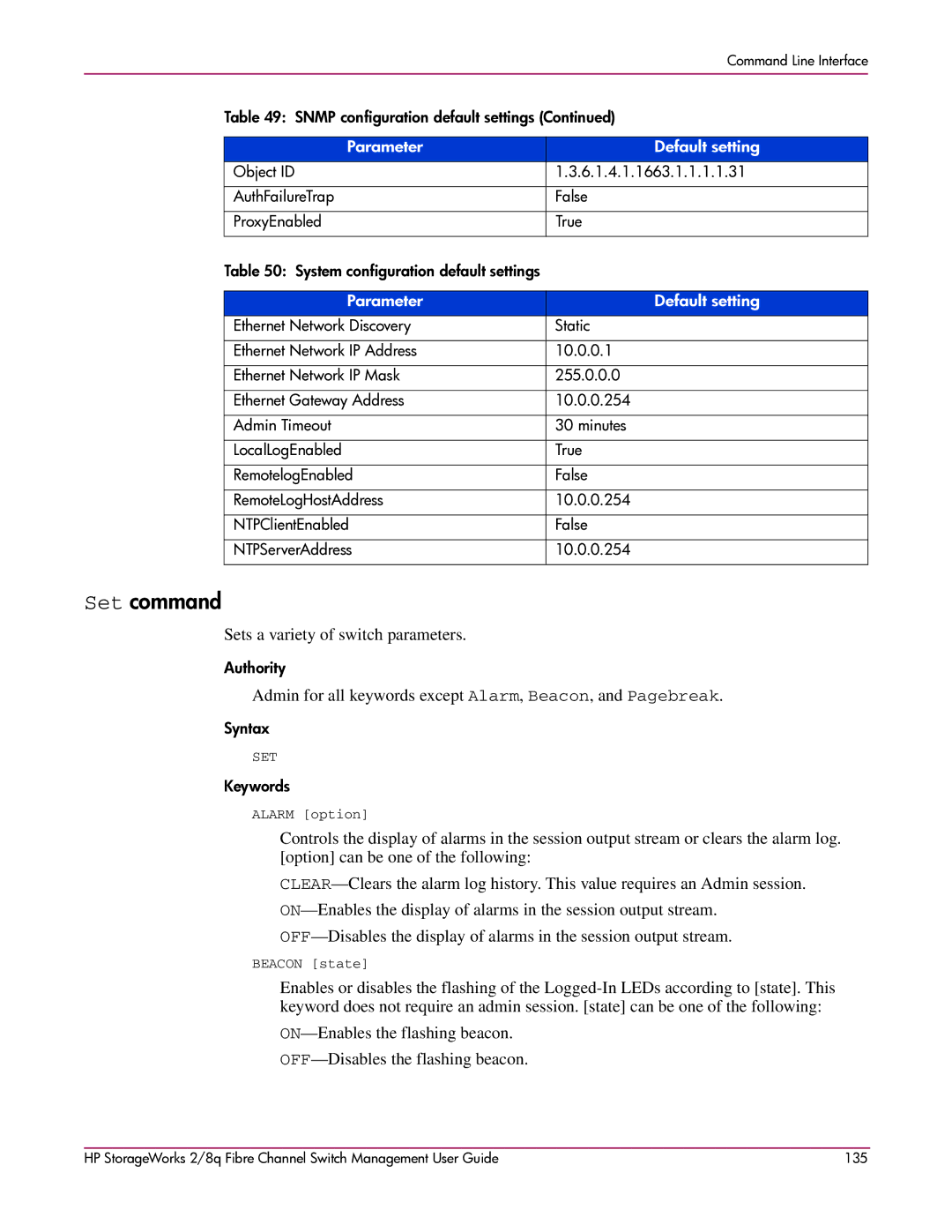 HP 2/8q Fibre Channel manual Set command, Sets a variety of switch parameters 