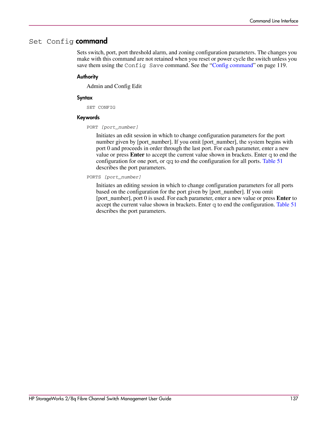 HP 2/8q Fibre Channel manual Set Config command, Admin and Config Edit 