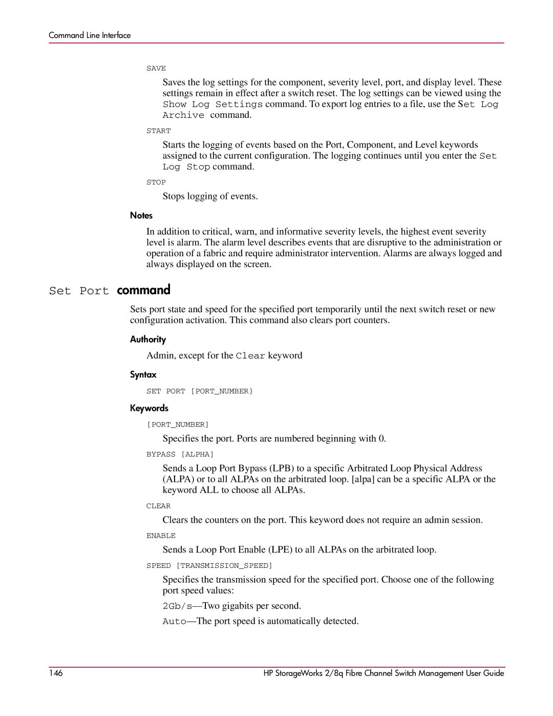 HP 2/8q Fibre Channel manual Set Port command, Admin, except for the Clear keyword 