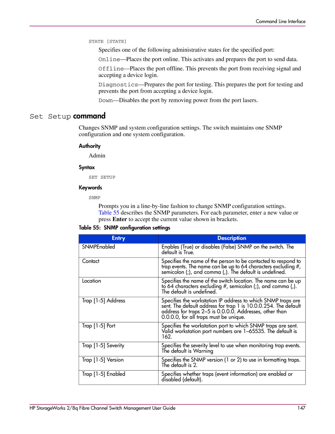 HP 2/8q Fibre Channel manual Set Setup command, Admin 