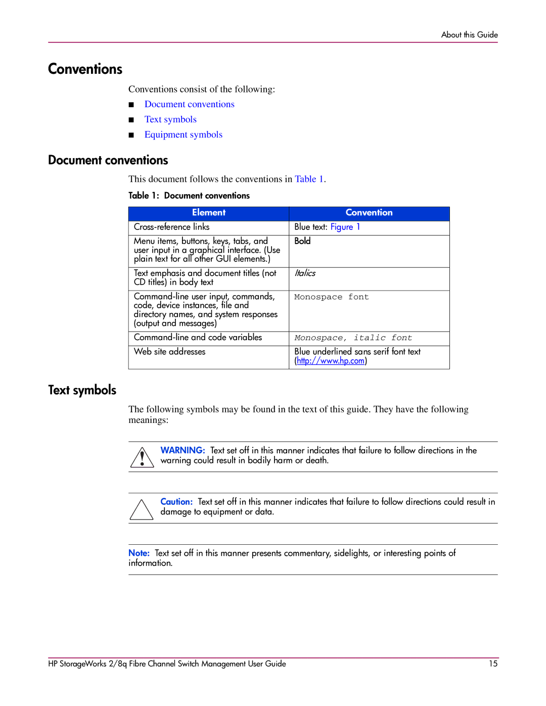 HP 2/8q Fibre Channel manual Document conventions, Text symbols, Conventions consist of the following, Element Convention 