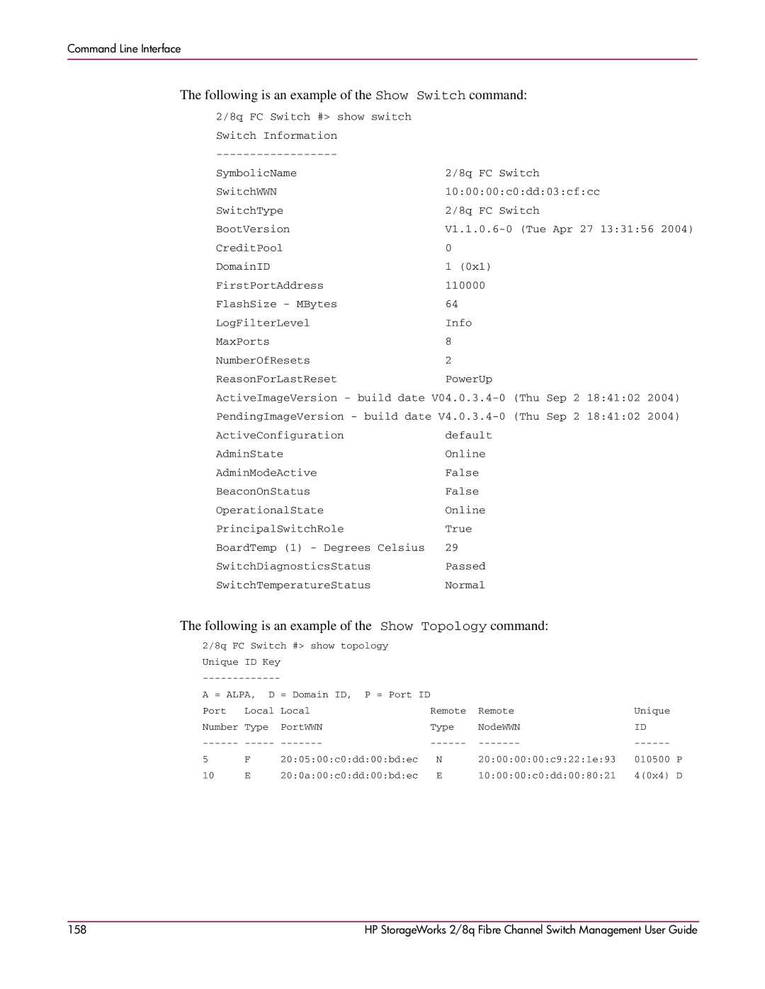 HP 2/8q Fibre Channel manual Following is an example of the Show Switch command 