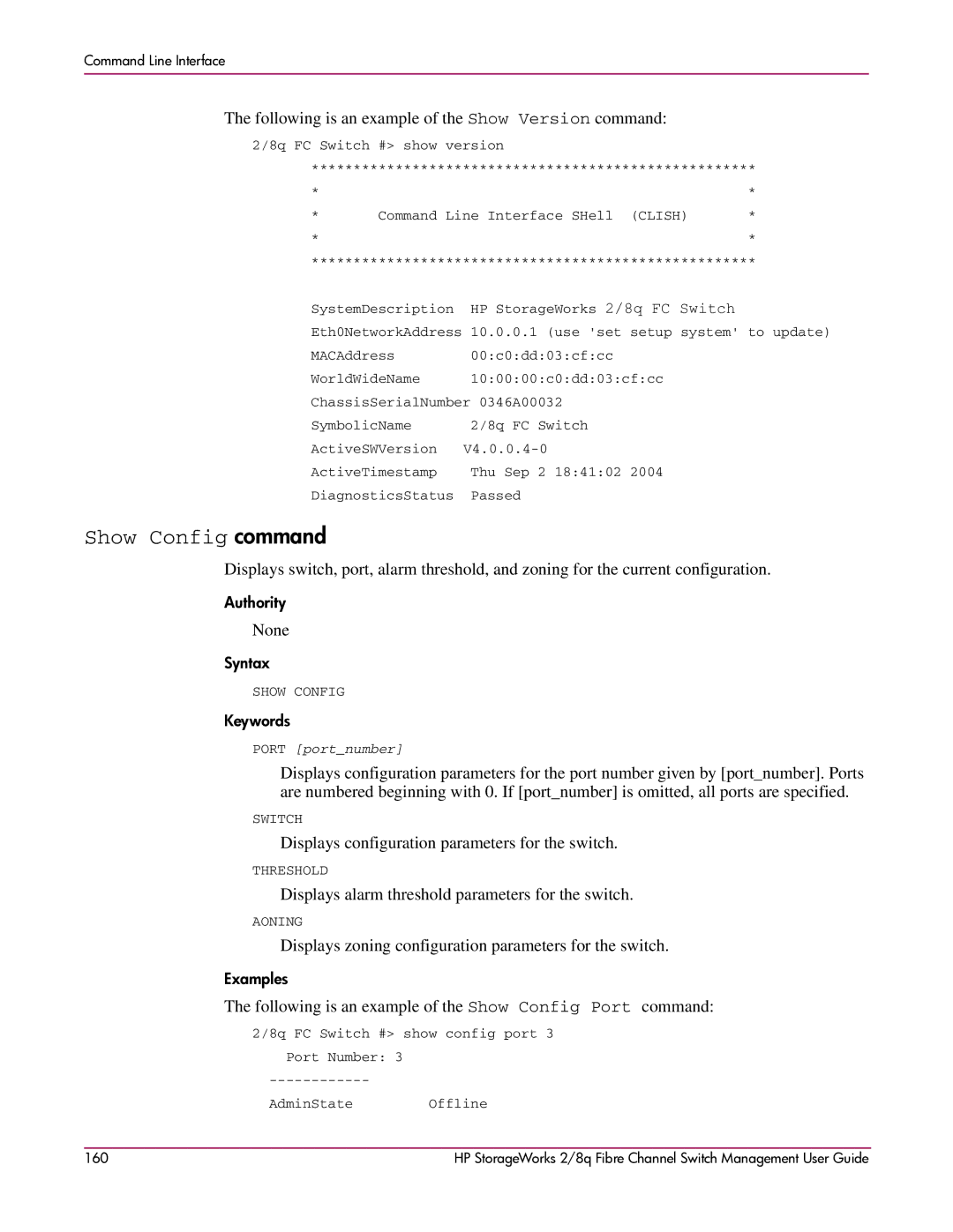 HP 2/8q Fibre Channel manual Show Config command, Following is an example of the Show Version command 