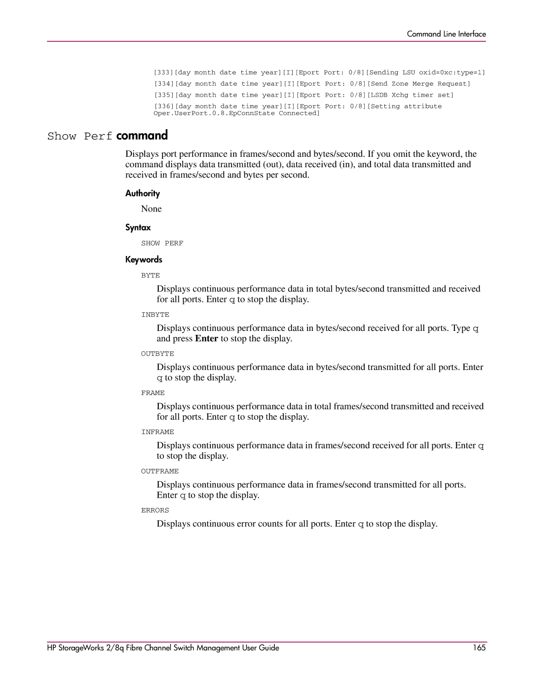 HP 2/8q Fibre Channel manual Show Perf command 