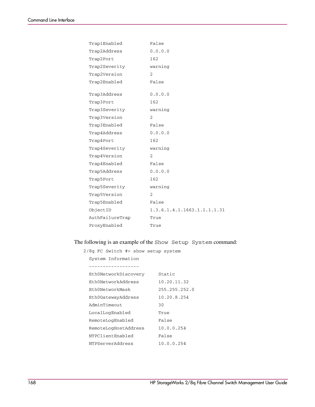 HP 2/8q Fibre Channel manual Following is an example of the Show Setup System command 