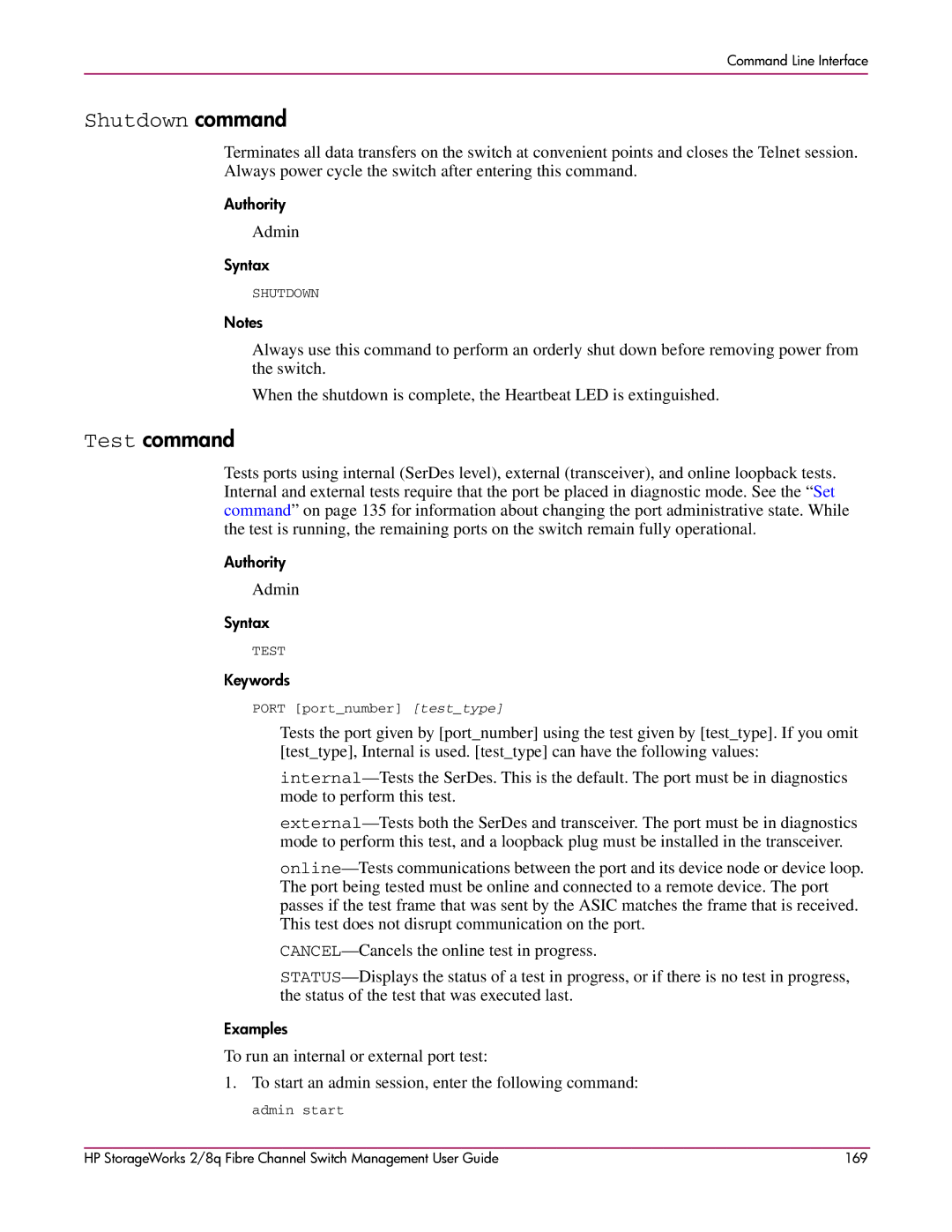 HP 2/8q Fibre Channel manual Shutdown command, Test command 