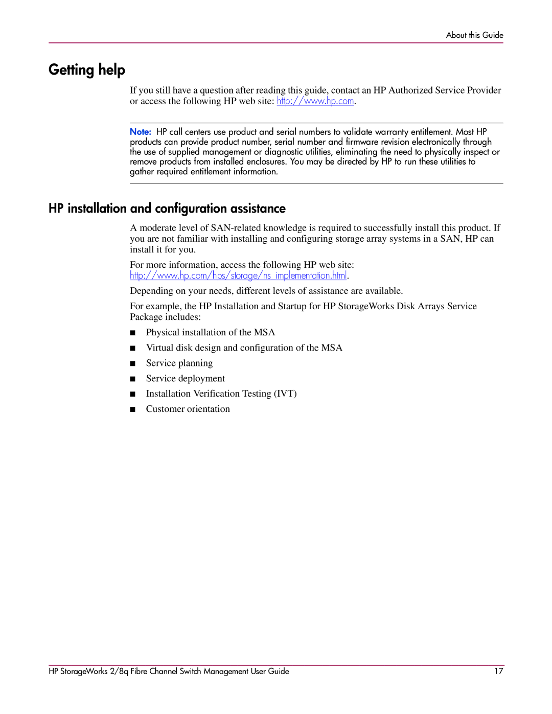 HP 2/8q Fibre Channel manual Getting help, HP installation and configuration assistance 