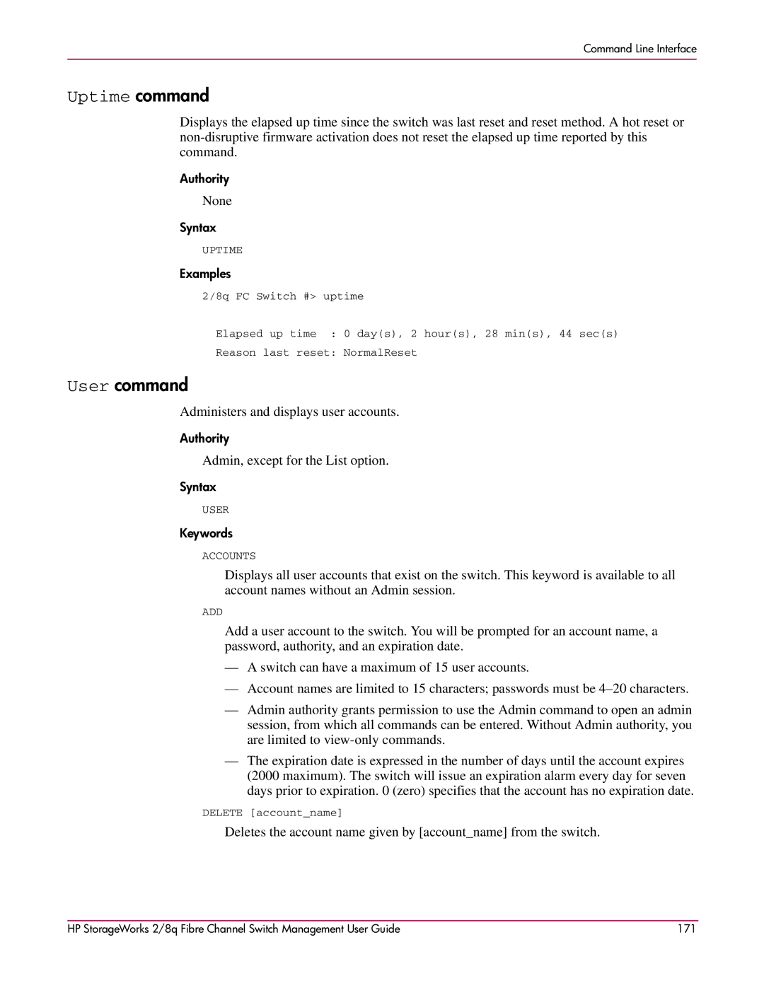 HP 2/8q Fibre Channel manual Uptime command, User command, Administers and displays user accounts 