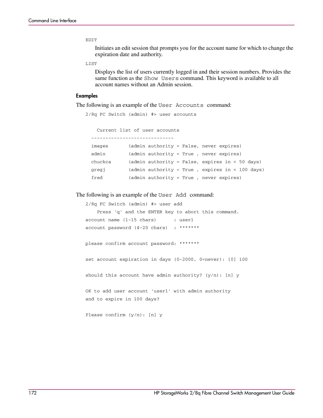 HP 2/8q Fibre Channel manual Following is an example of the User Accounts command 