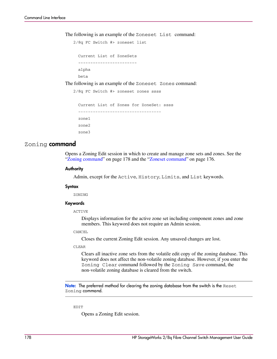 HP 2/8q Fibre Channel Zoning command, Following is an example of the Zoneset List command, Opens a Zoning Edit session 