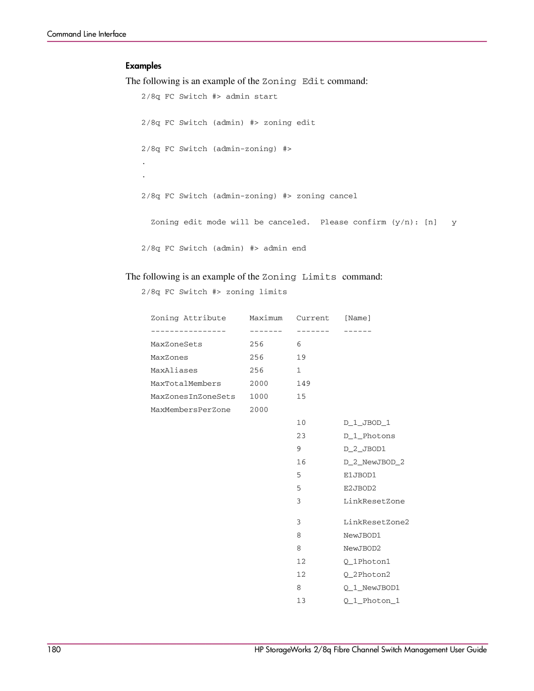 HP 2/8q Fibre Channel manual Following is an example of the Zoning Limits command, E2JBOD2 