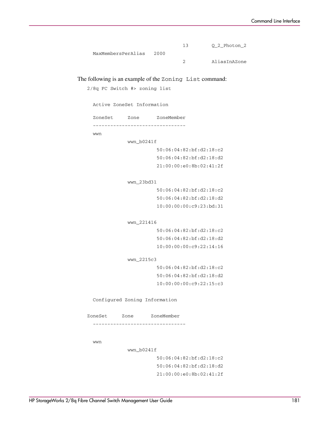 HP 2/8q Fibre Channel manual Following is an example of the Zoning List command 