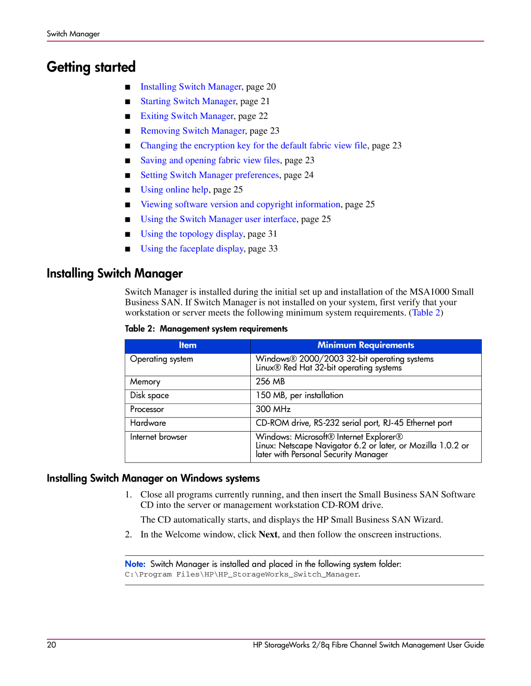 HP 2/8q Fibre Channel manual Installing Switch Manager on Windows systems, Minimum Requirements 