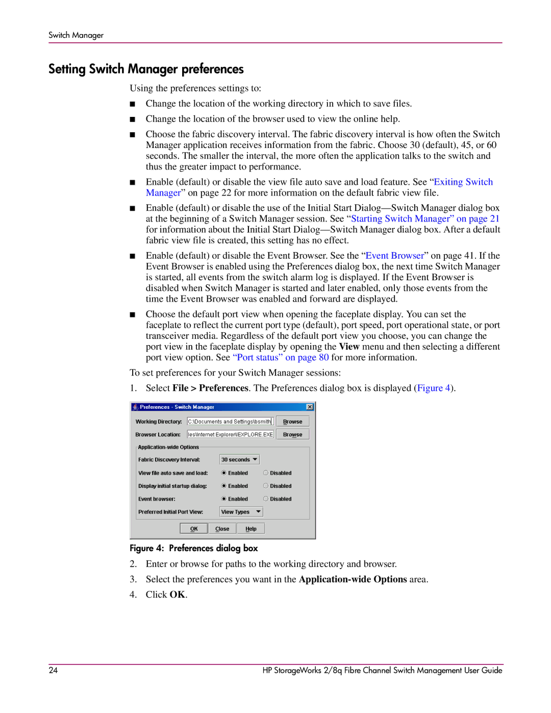 HP 2/8q Fibre Channel manual Setting Switch Manager preferences, Preferences dialog box 