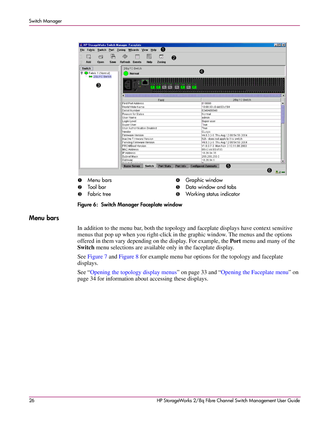 HP 2/8q Fibre Channel manual Menu bars, Switch Manager Faceplate window 