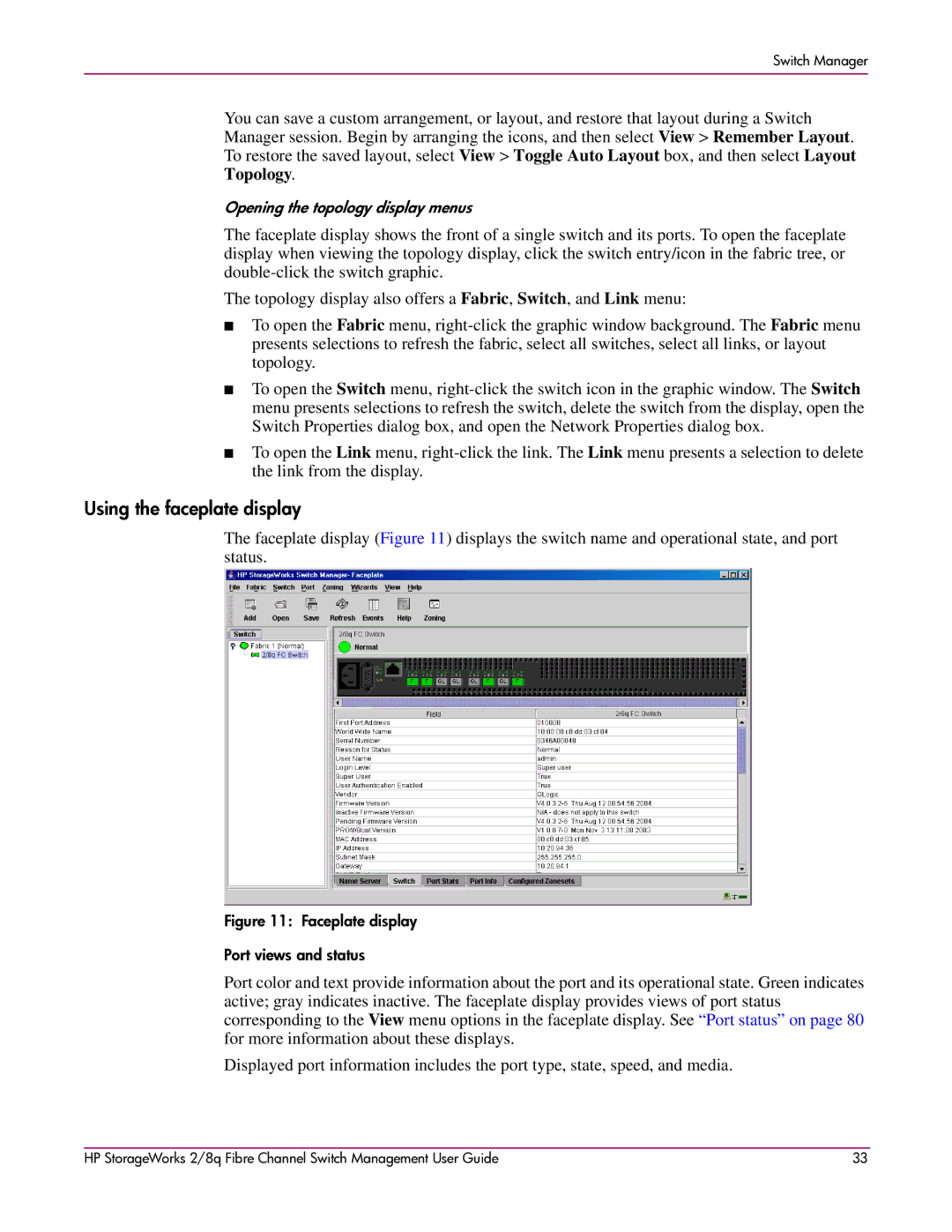 HP 2/8q Fibre Channel manual Using the faceplate display, Faceplate display Port views and status 