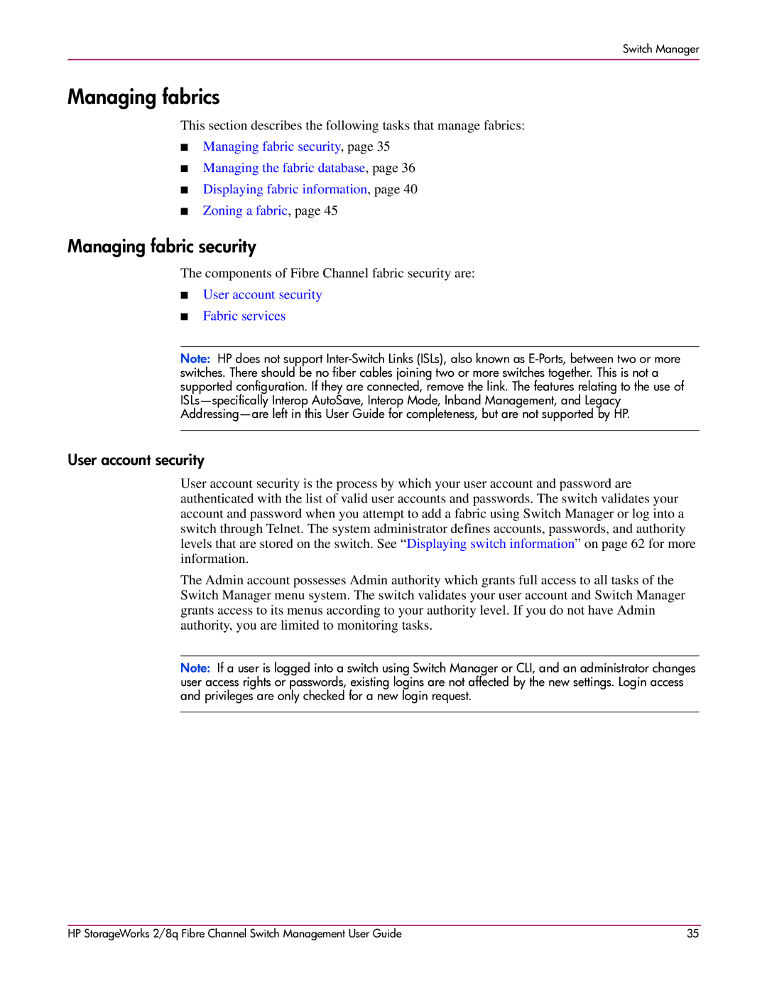 HP 2/8q Fibre Channel Managing fabric security, User account security, Components of Fibre Channel fabric security are 