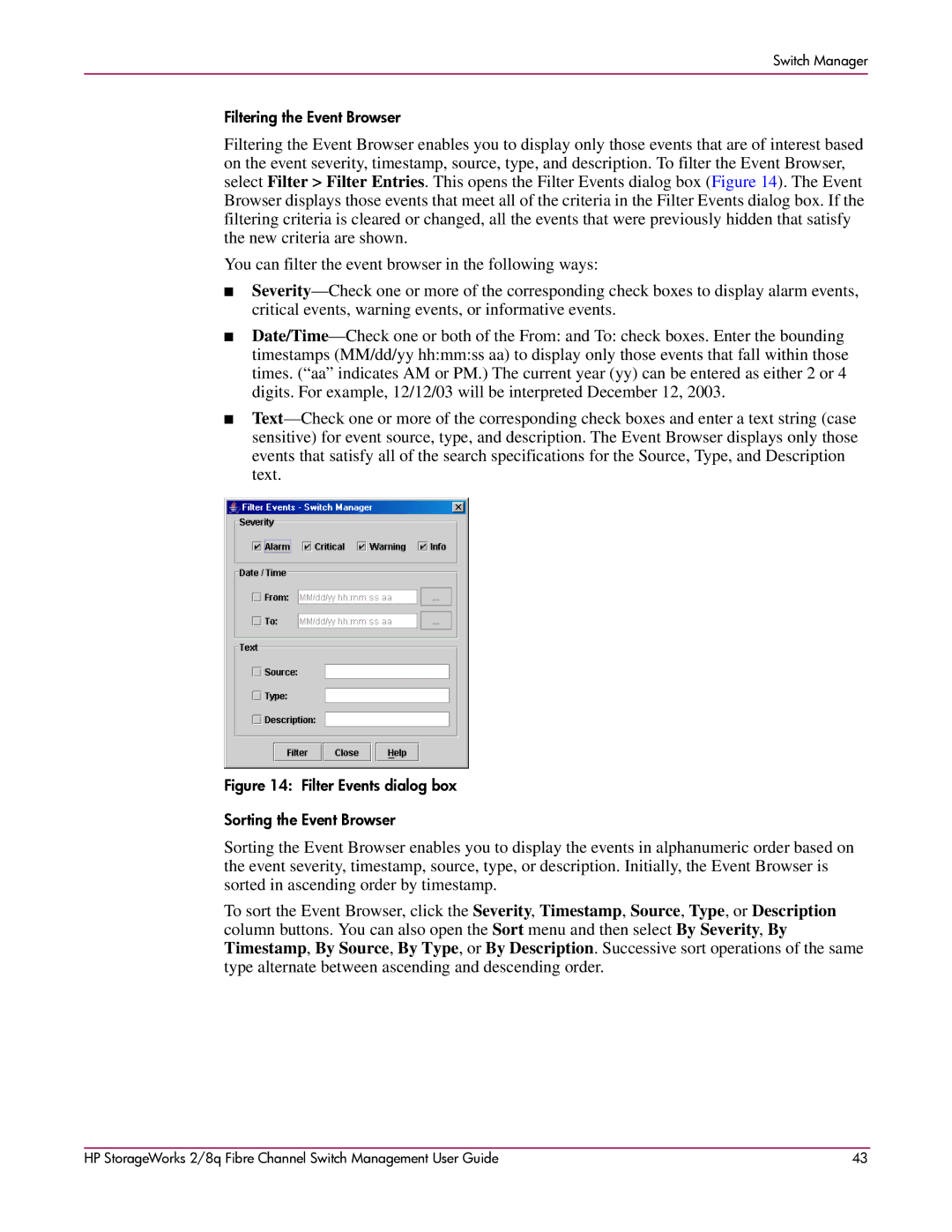 HP 2/8q Fibre Channel manual Filter Events dialog box Sorting the Event Browser 