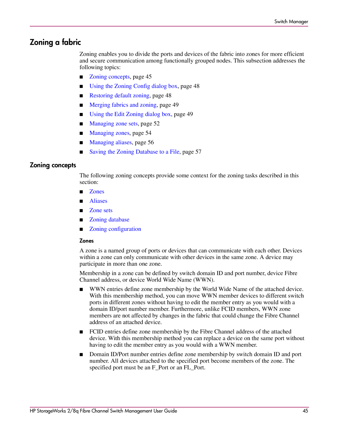 HP 2/8q Fibre Channel manual Zoning a fabric, Zoning concepts 