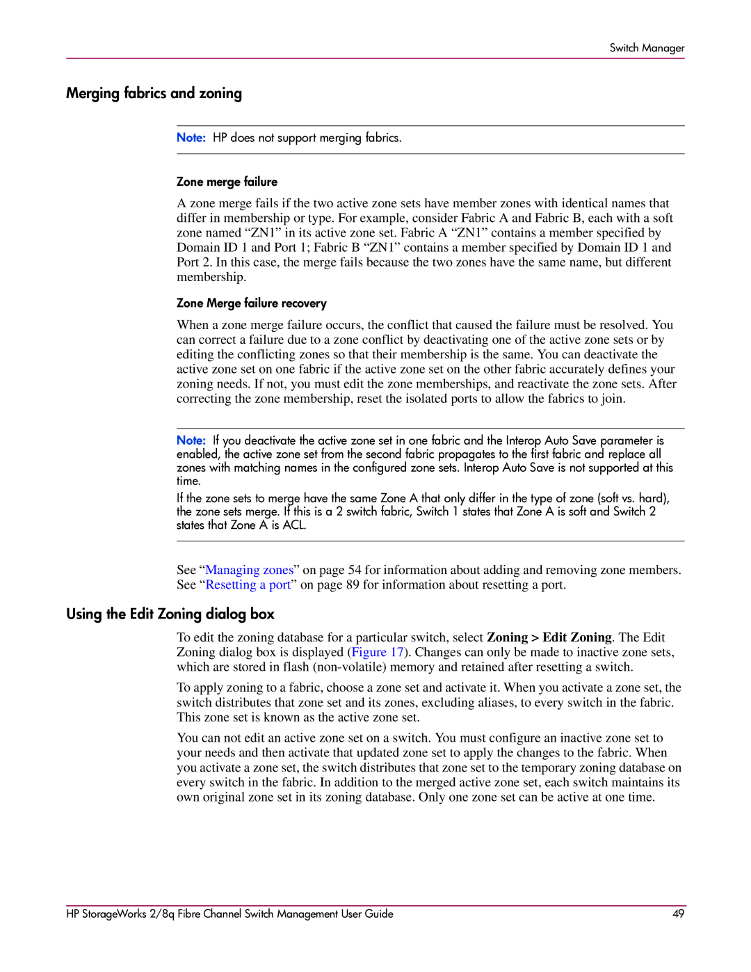 HP 2/8q Fibre Channel manual Merging fabrics and zoning, Using the Edit Zoning dialog box 