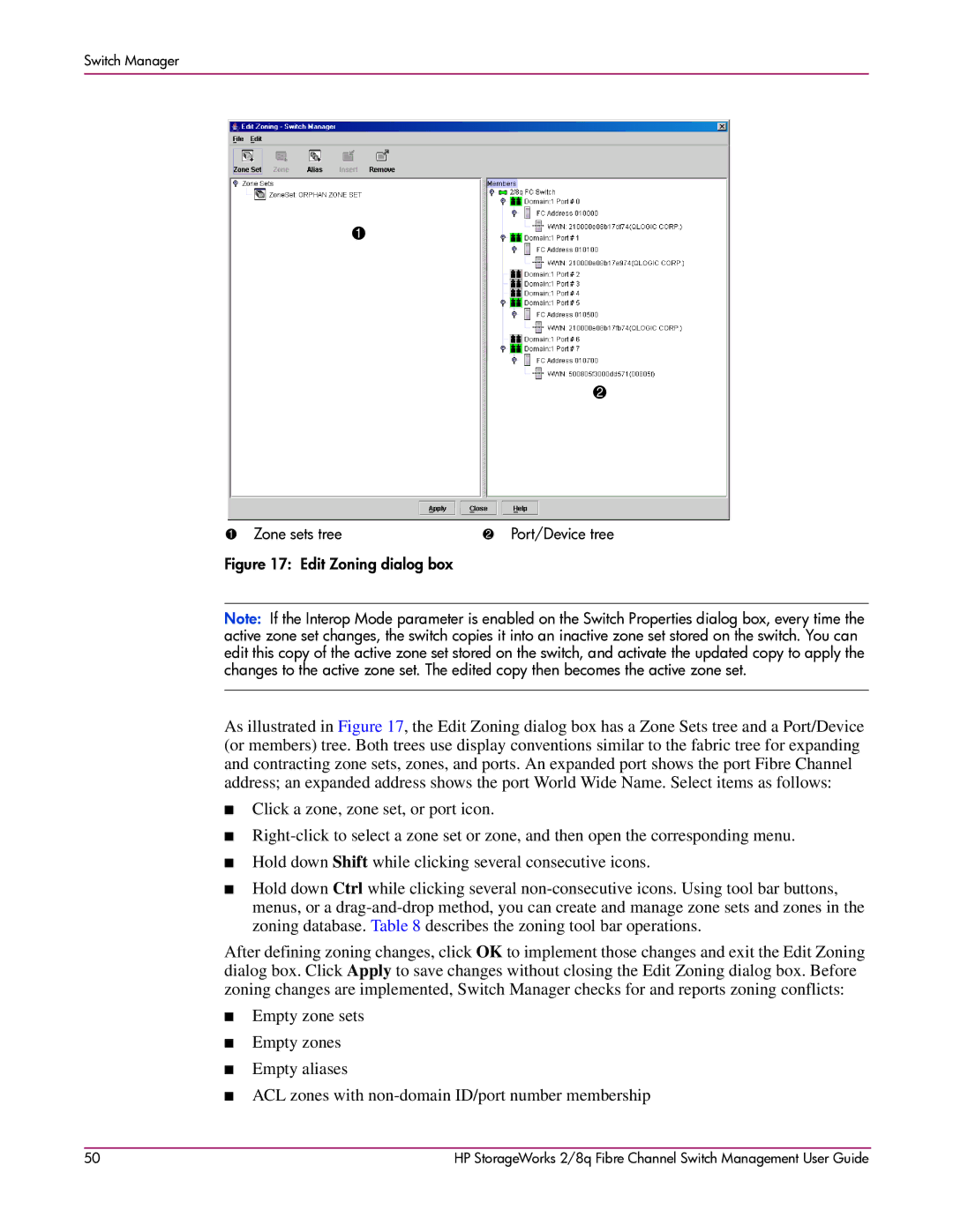 HP 2/8q Fibre Channel manual Edit Zoning dialog box 