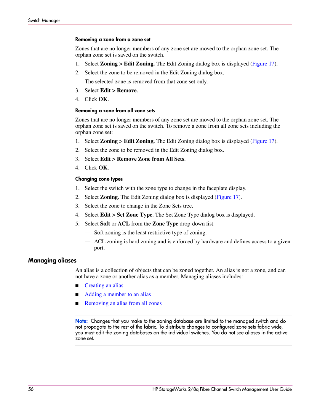 HP 2/8q Fibre Channel manual Managing aliases, Select Edit Remove Zone from All Sets 