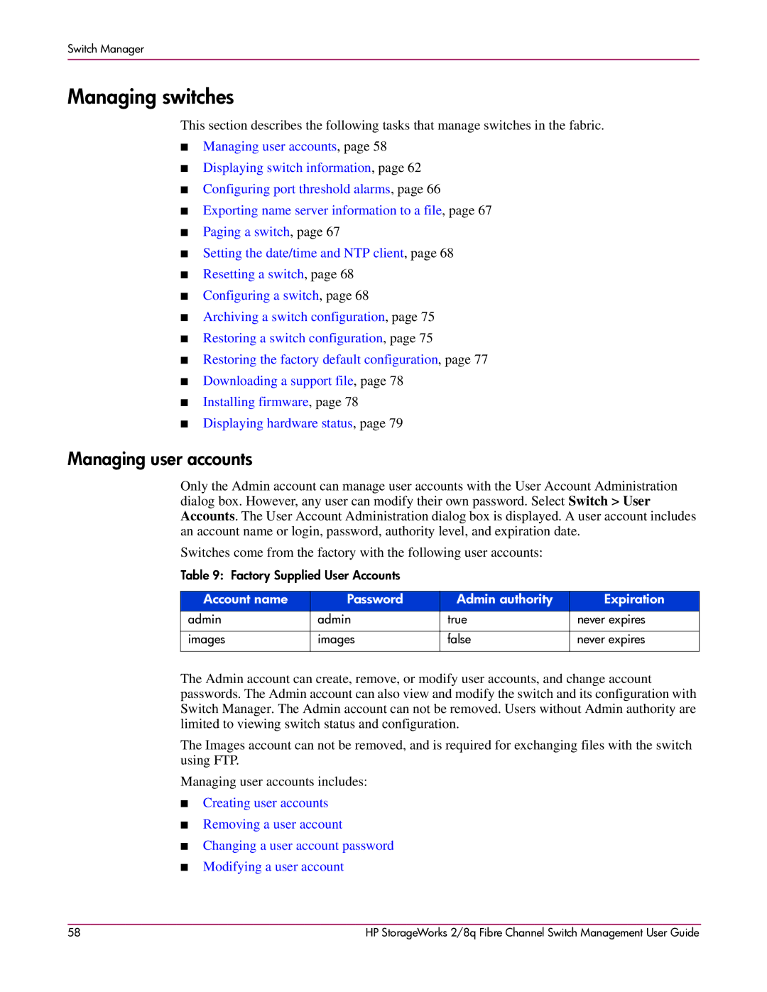 HP 2/8q Fibre Channel manual Managing user accounts, Account name Password Admin authority Expiration 