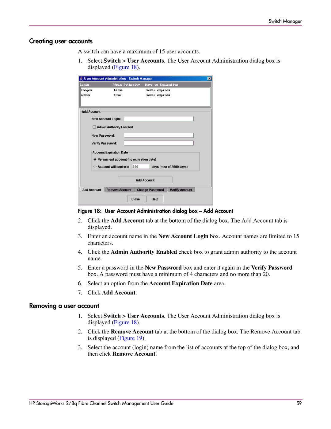 HP 2/8q Fibre Channel manual Creating user accounts, Removing a user account, Click Add Account 