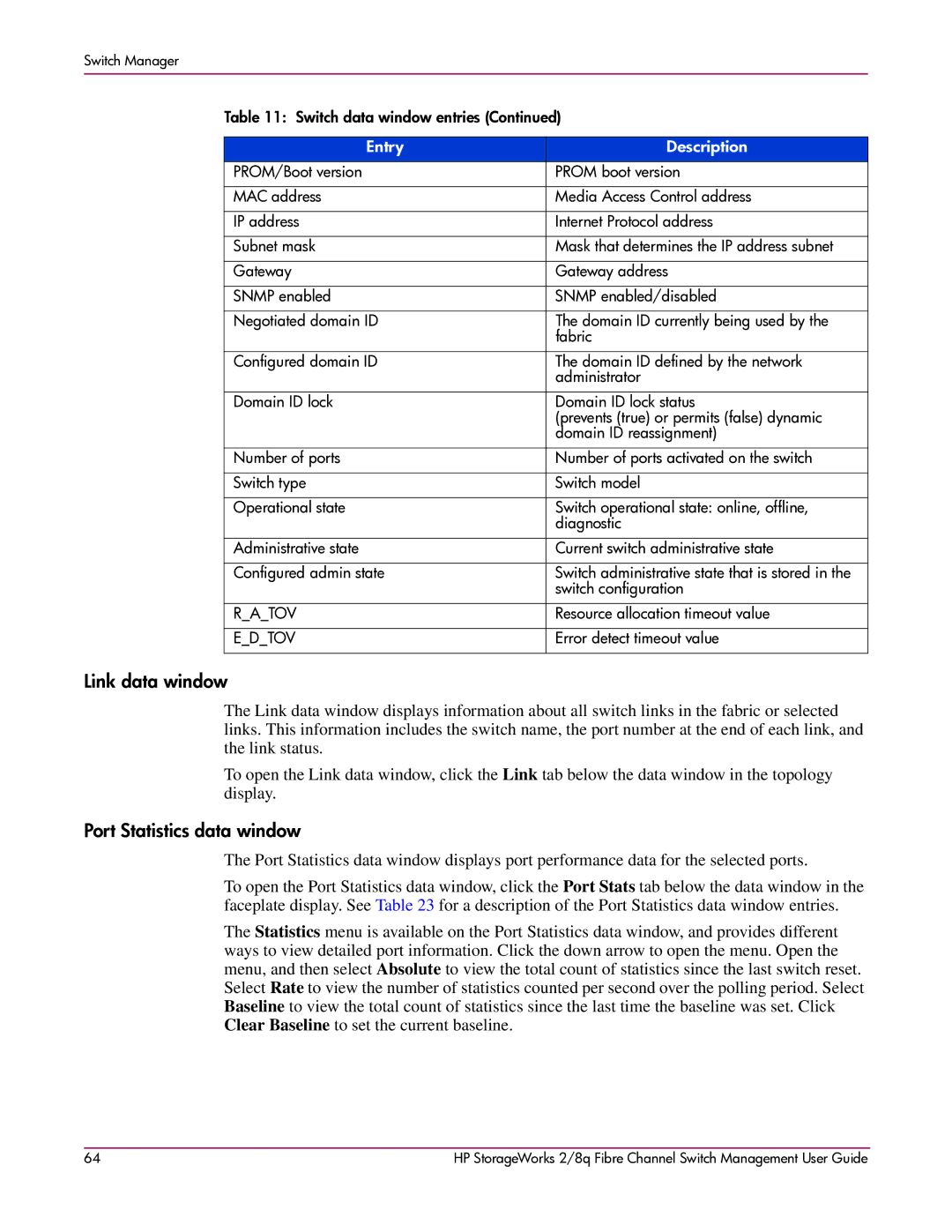 HP 2/8q Fibre Channel manual Link data window, Port Statistics data window 