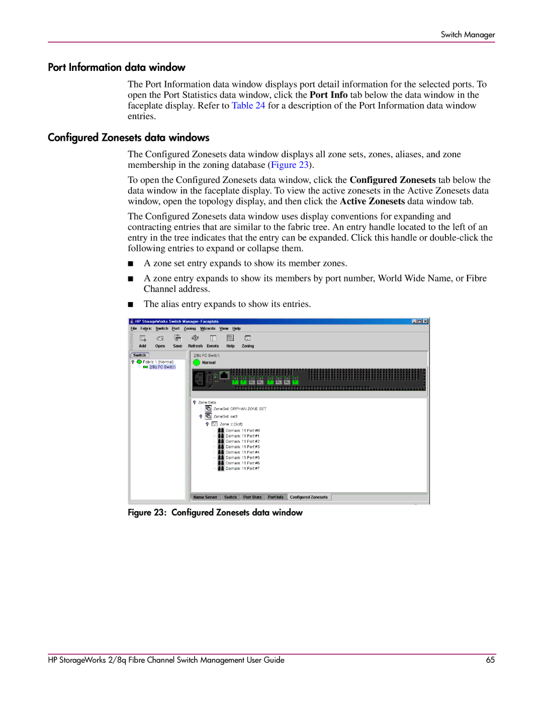 HP 2/8q Fibre Channel manual Port Information data window, Configured Zonesets data windows 