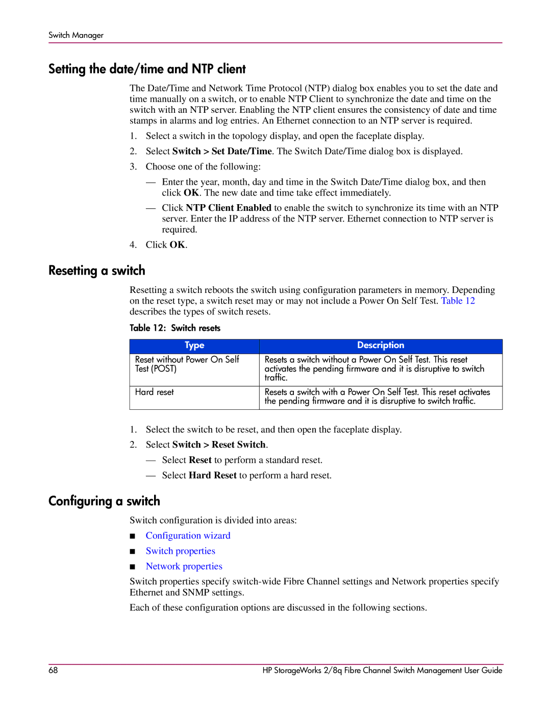 HP 2/8q Fibre Channel Setting the date/time and NTP client, Resetting a switch, Configuring a switch, Type Description 